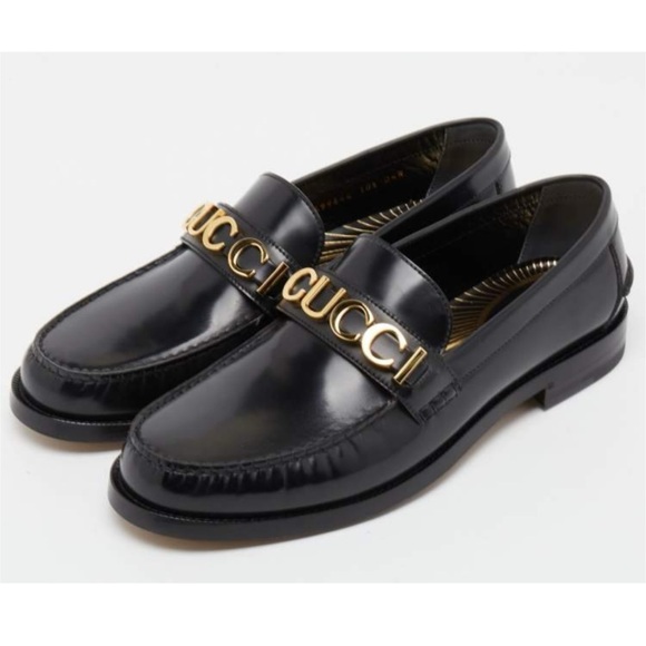 Gucci gold logo embellished leather loafers size 13 made inItaly